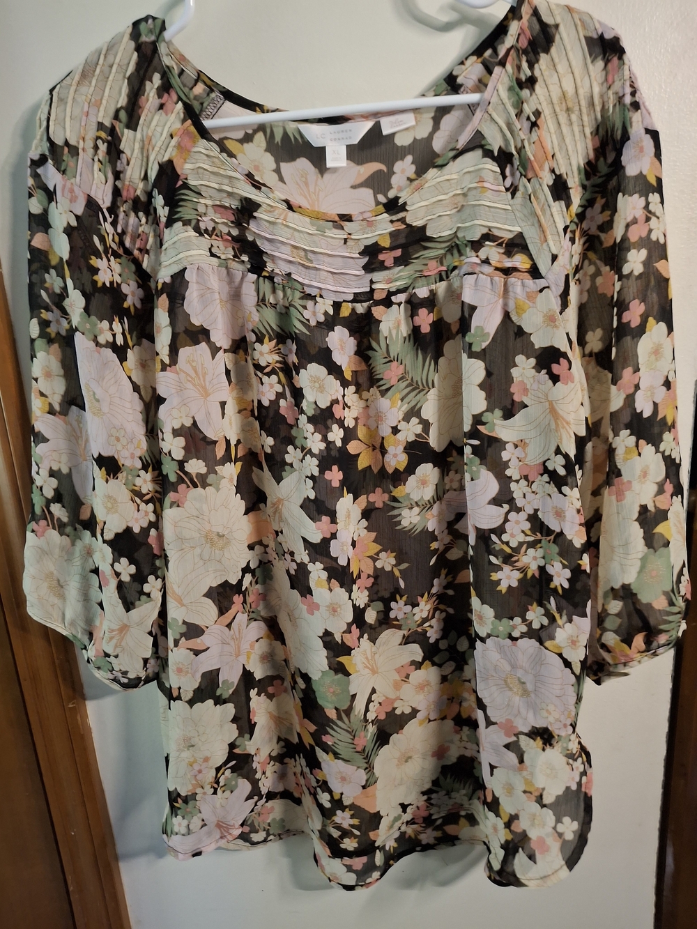 LC Lauren Conrad Black Sheer Floral Pintuck Tunic with Pastel Blossoms
